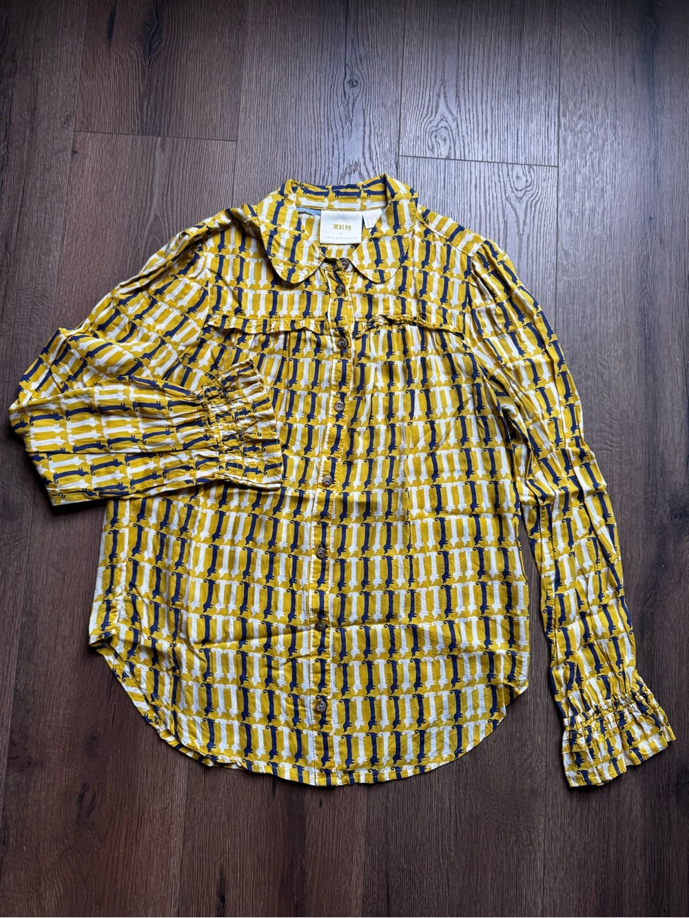 Mauve Anthropologie Yellow & Navy Dachshund Blouse Shirt